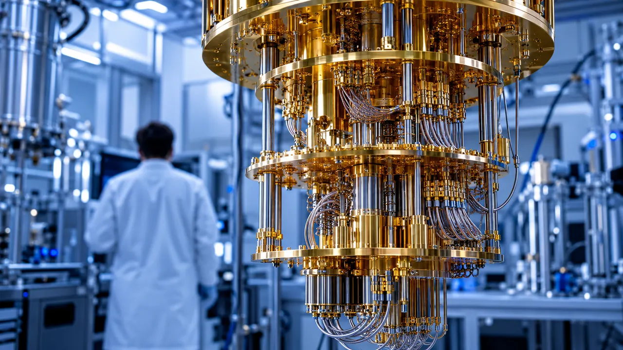 Criostato dourado de computador quântico suspenso em sala limpa de laboratório