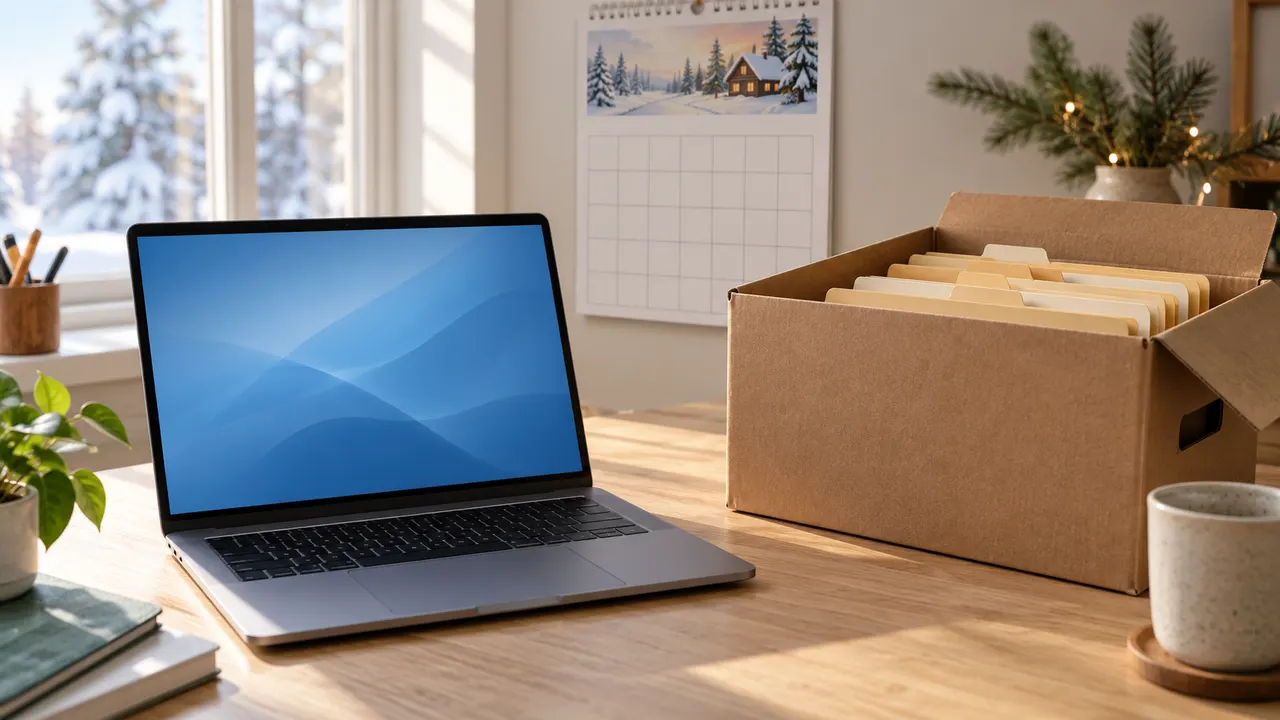 Notebook aberto sobre mesa de madeira com calendário de dezembro ao fundo e caixa com pastas de arquivos ao lado