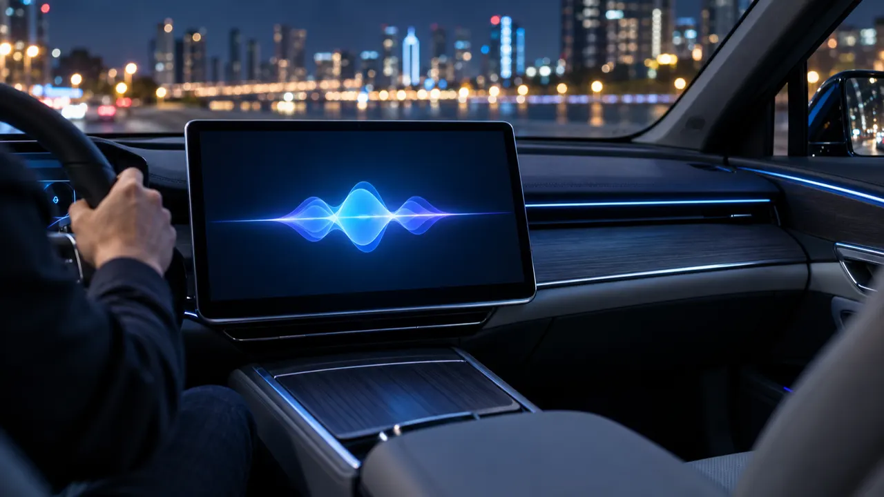 Painel de carro elétrico com assistente de voz ativo e microfone em destaque