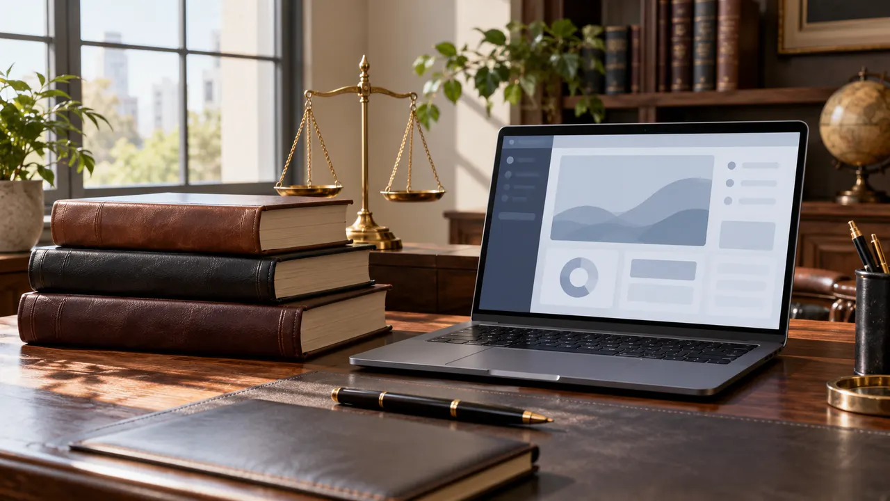 Mesa de escritório de advocacia com livros de direito e notebook aberto