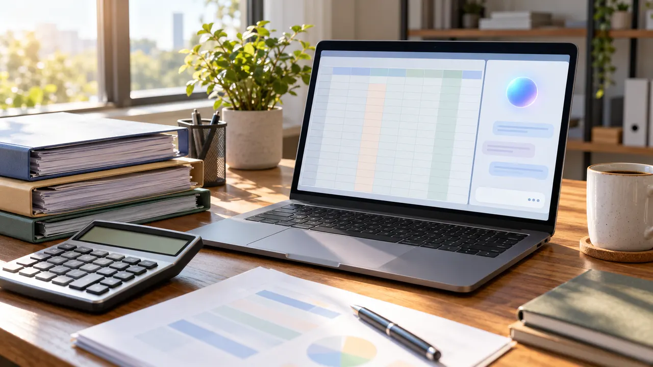 Mesa de escritório de contabilidade com calculadora, pastas de documentos fiscais e notebook com planilha ao lado de um painel de assistente de IA