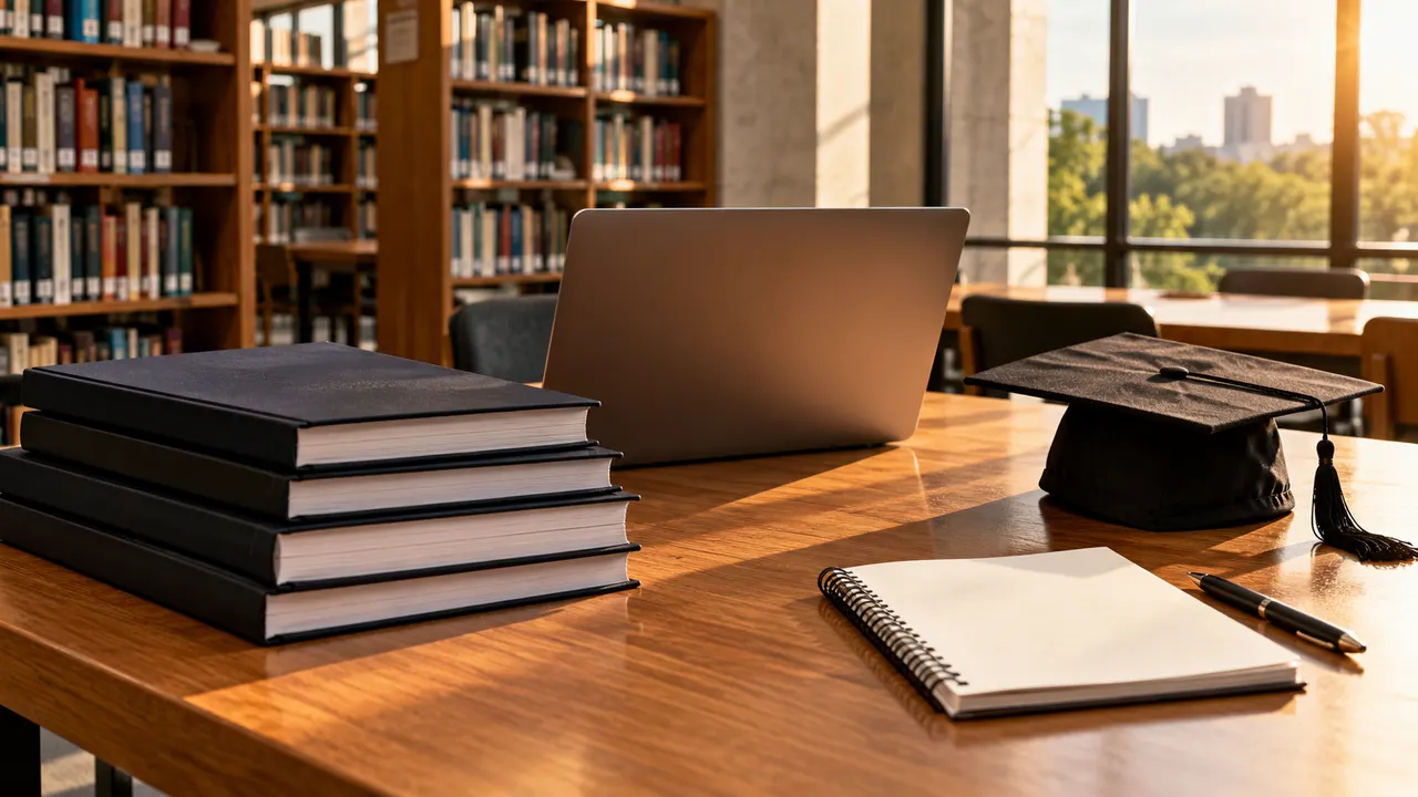 Cena ilustrativa de biblioteca universitária com teses e computador