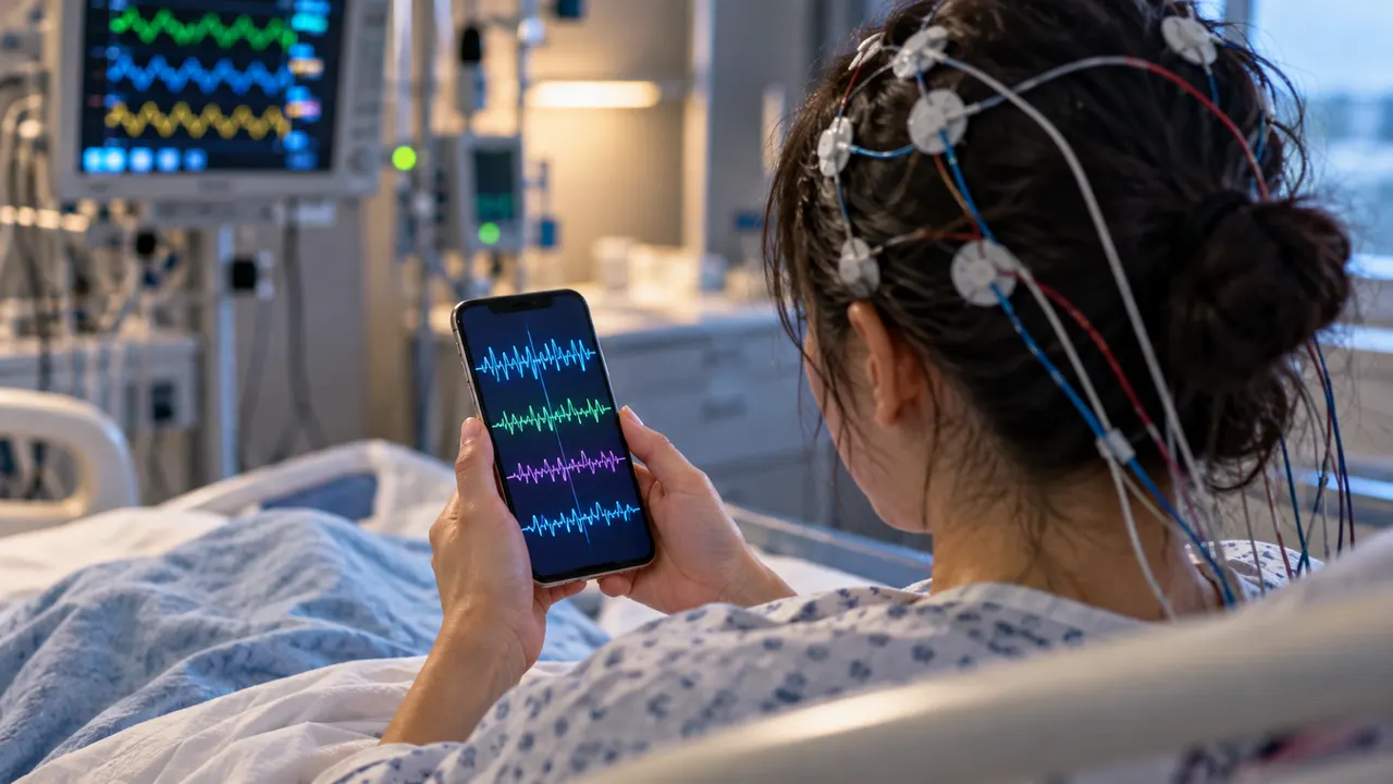 Paciente em quarto de hospital com eletrodos de EEG olhando um smartphone com gráficos de ondas cerebrais