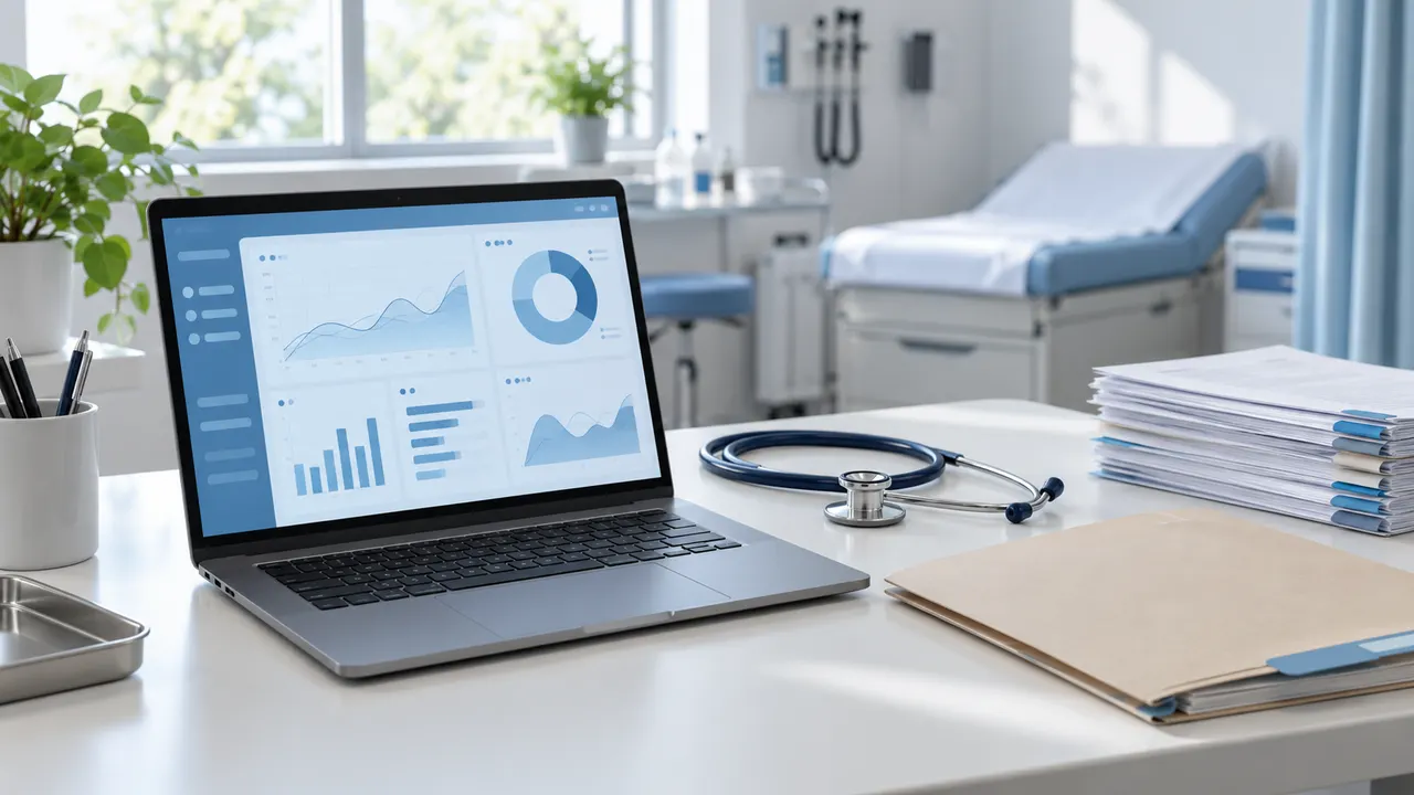 Consultório médico vazio com notebook aberto, estetoscópio e pasta de prontuário sobre a mesa