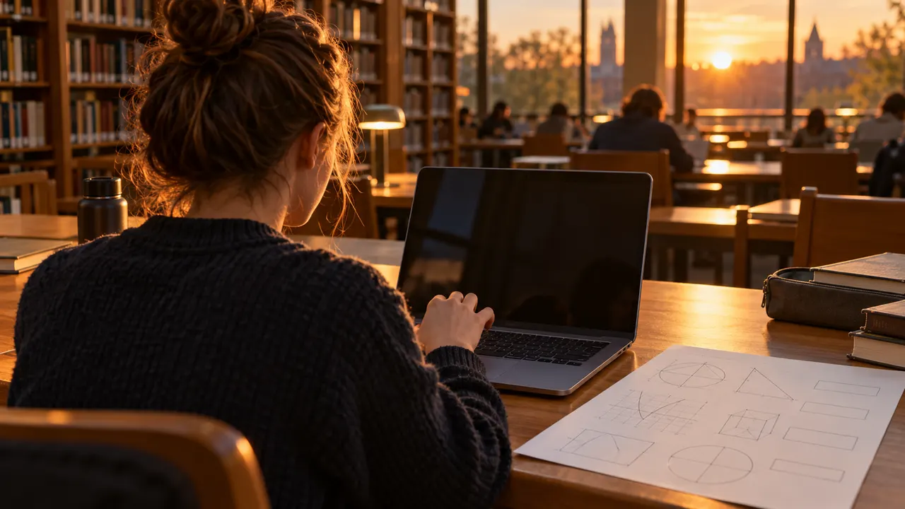 Pessoa de costas diante de um notebook com exercícios de matemática, mão hesitando sobre o teclado