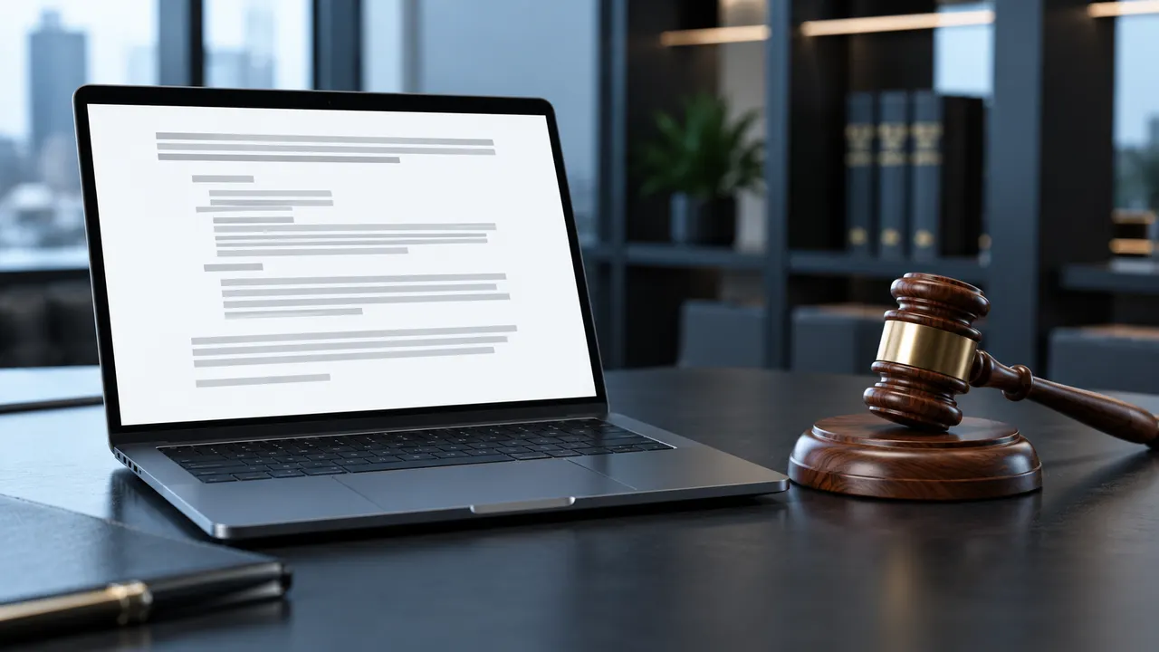 Notebook exibindo arquivo de texto simples ao lado de martelo de juiz sobre mesa escura