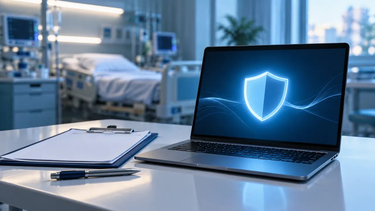 Prancheta de prontuário e notebook sobre mesa de hospital em luz azulada