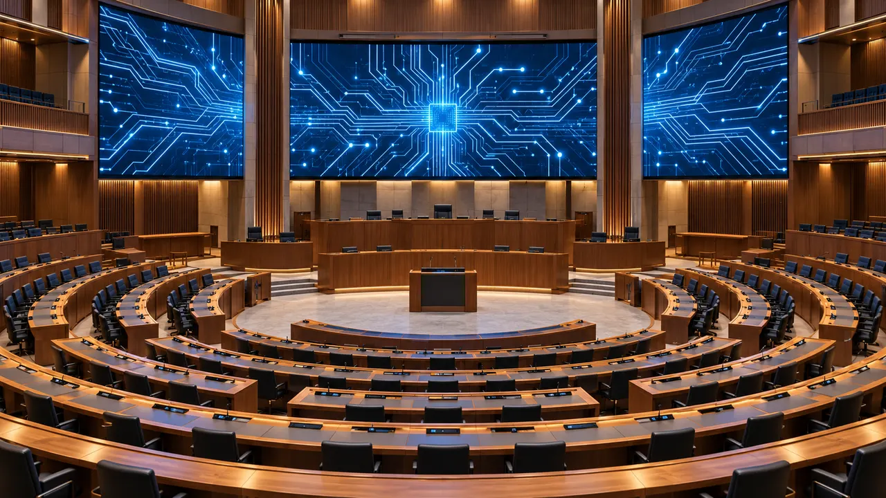 Plenário do Congresso vazio com telas exibindo circuitos digitais ao fundo