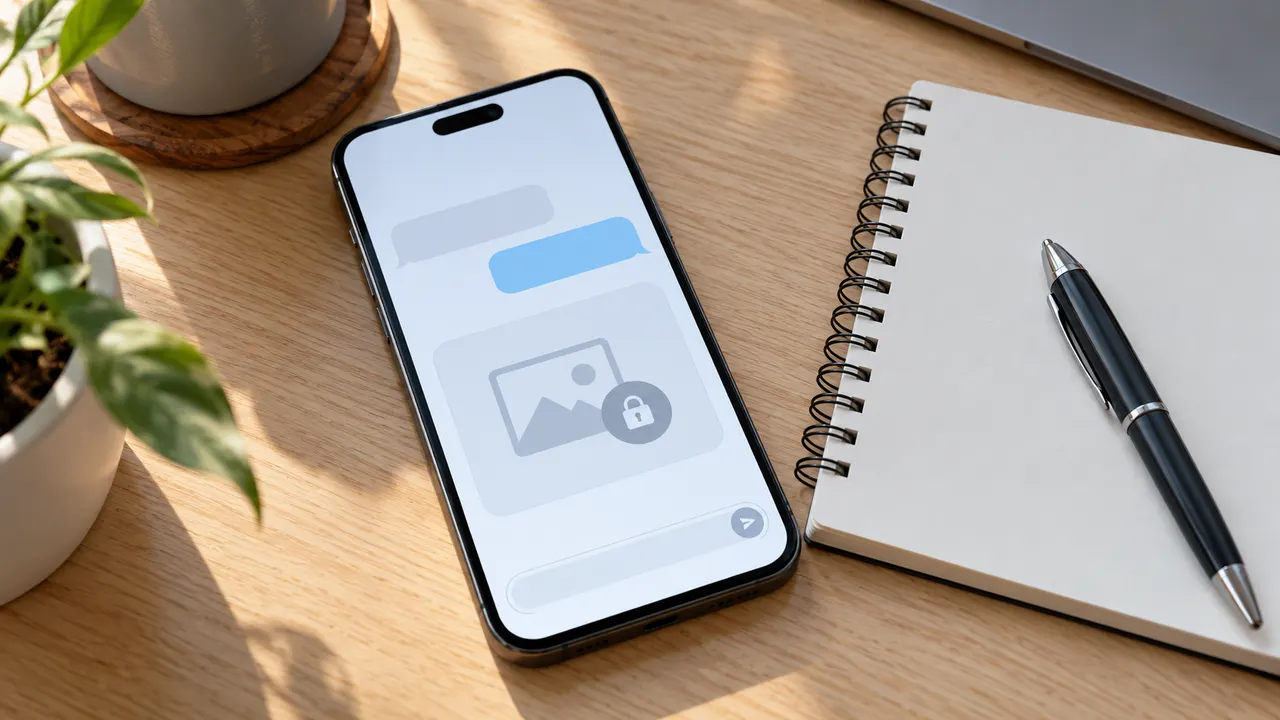 Celular sobre mesa de madeira exibindo tela de aplicativo de mensagens com ícone de bloqueio
