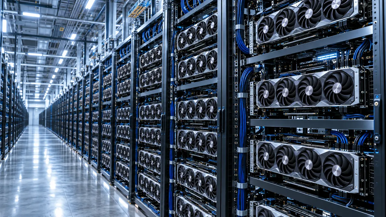 Fileiras de placas de vídeo em um data center com iluminação fria