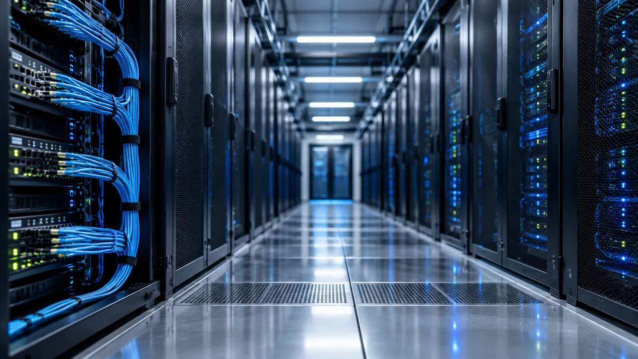 Corredor de data center com fileiras de racks de servidores e cabos de fibra em luz azulada
