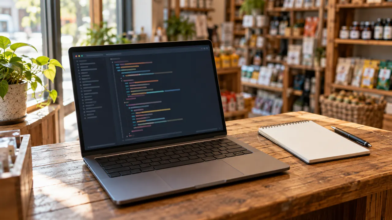 Notebook sobre mesa de madeira de pequeno comércio exibindo arquivo de configuração de site