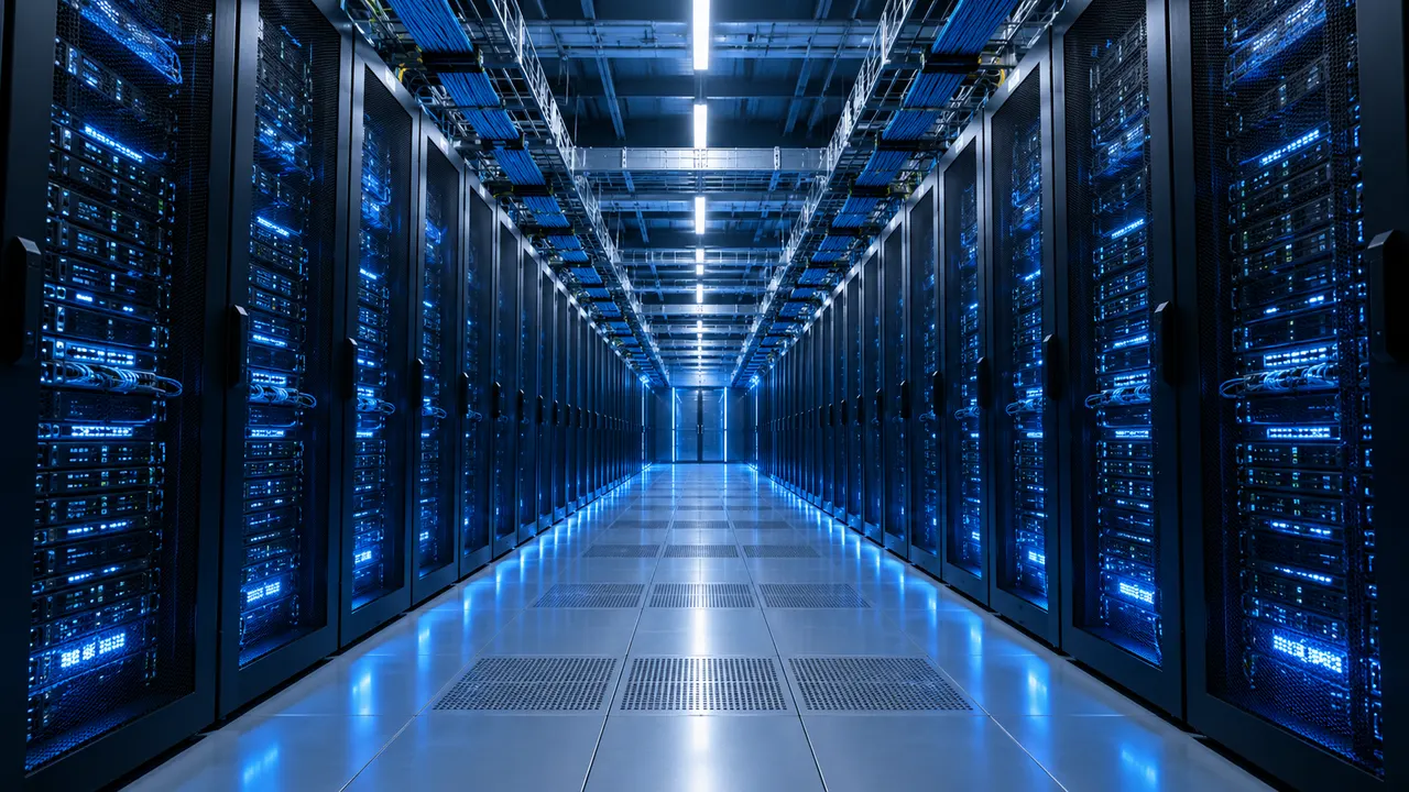 Corredor de data center com racks de servidores de IA iluminados por luz azul