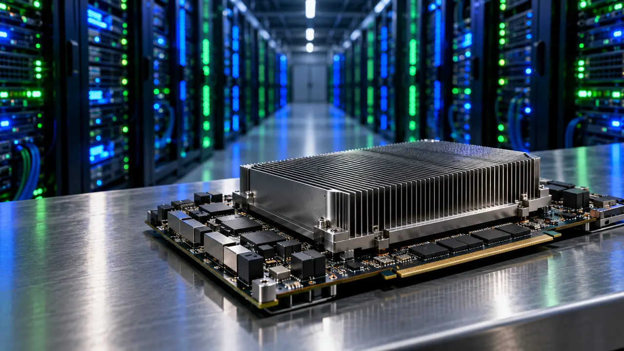 Corredor de data center com racks de servidores de IA iluminados e placa aceleradora em primeiro plano