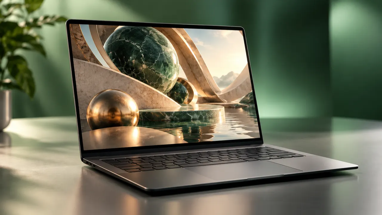 Notebook fino aberto sobre uma mesa de trabalho exibindo uma cena de renderização 3D