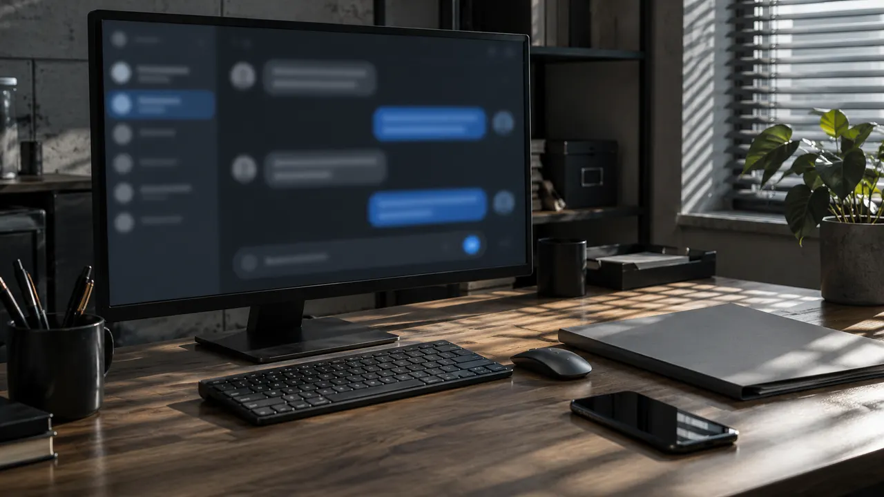 Monitor em sala de investigação exibindo janela de conversa de chatbot com texto borrado ao lado de pasta de documentos