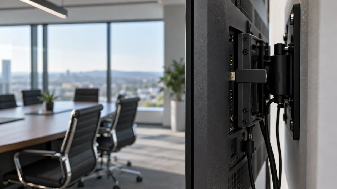 Sala de reuniões corporativa vazia com pendrive preto plugado na porta USB atrás de uma televisão
