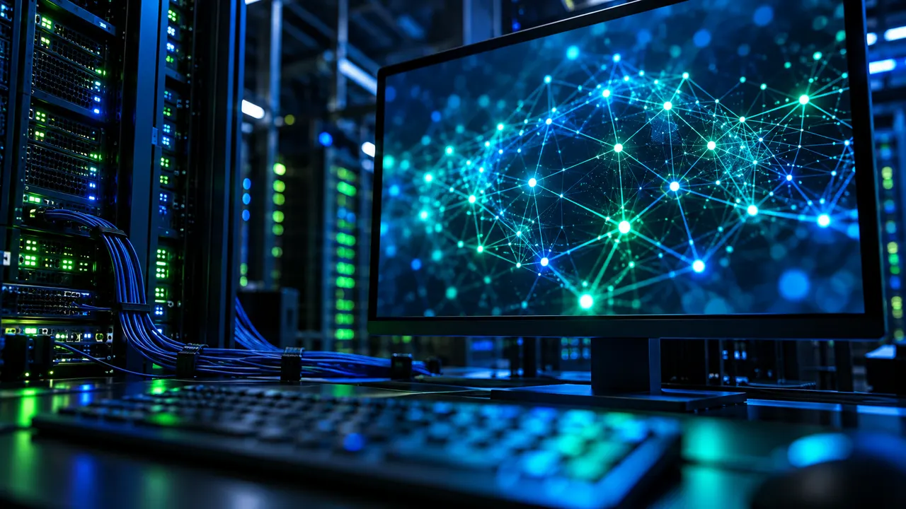 Sala de servidores escura com tela exibindo rede de blocos conectados representando uma blockchain