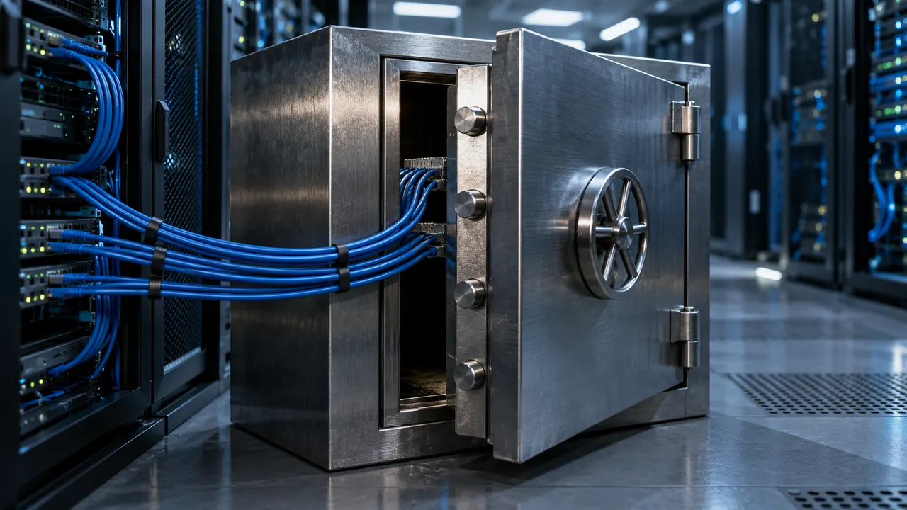 Cofre de metal entreaberto em sala de servidores com cabos de rede azuis