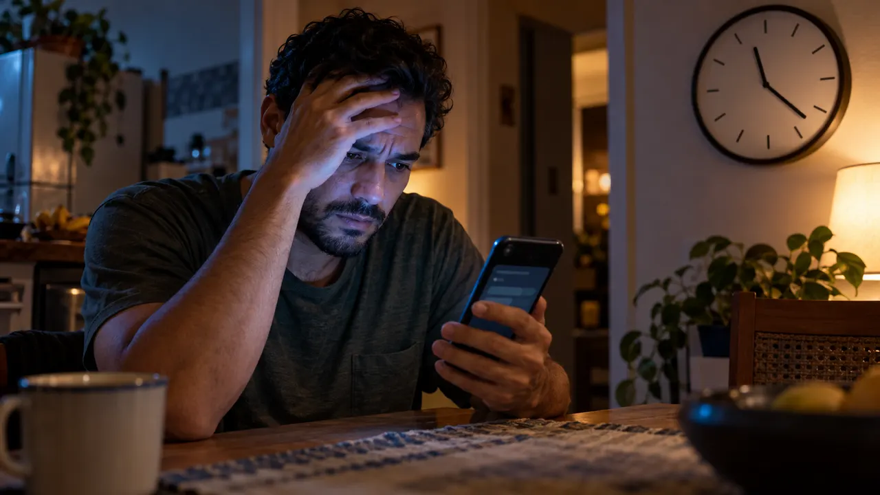 Pessoa em casa olhando o comprovante de uma transferência no celular com expressão de preocupação