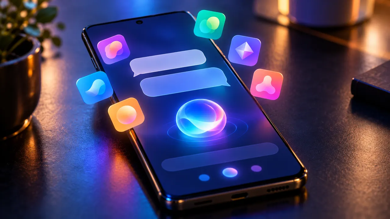 Celular Android exibindo uma conversa com assistente de IA e uma vitrine de aplicativos ao fundo