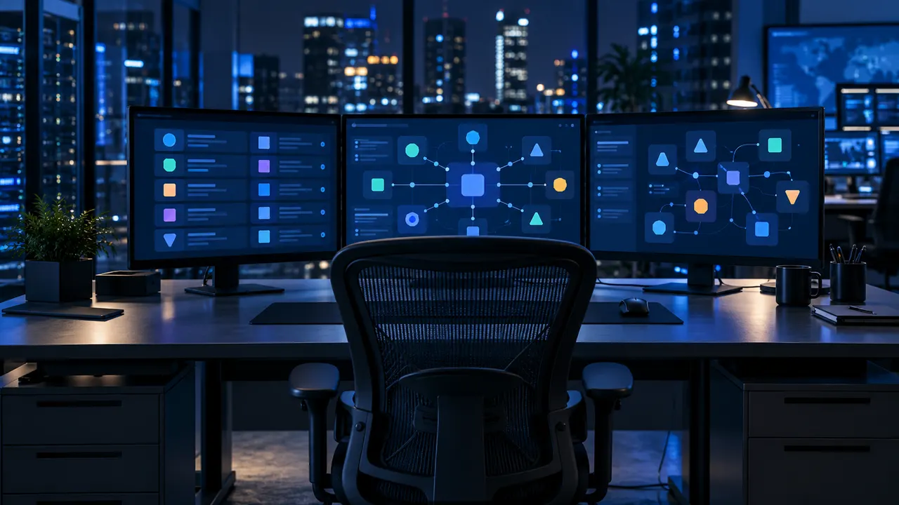Painel de monitoramento de ferramentas de IA em telas de um centro de operações de segurança