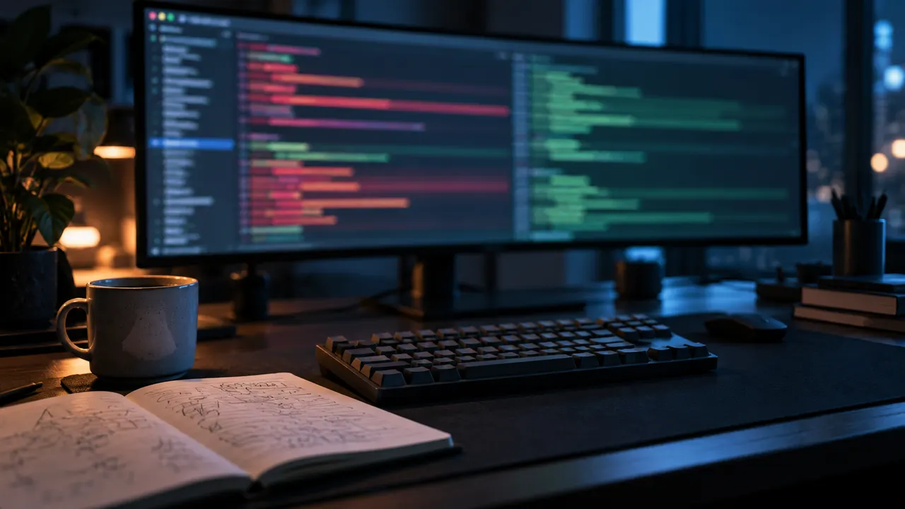 Monitor ultrawide em sala escura exibindo diff de código com linhas vermelhas e verdes