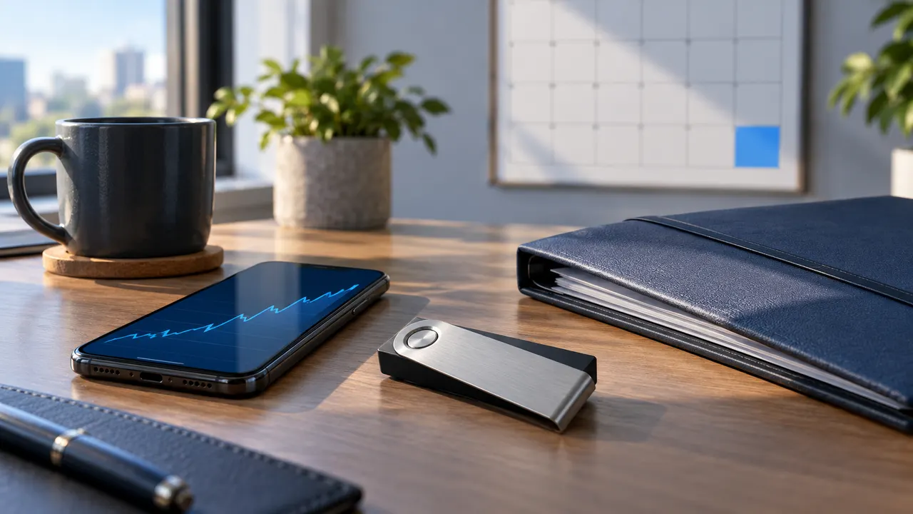 Mesa de escritório com carteira física de criptomoedas, celular com gráfico e calendário desfocado ao fundo