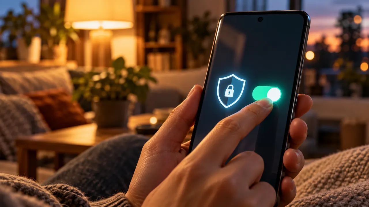 Mão tocando em um interruptor de segurança na tela de um celular Android