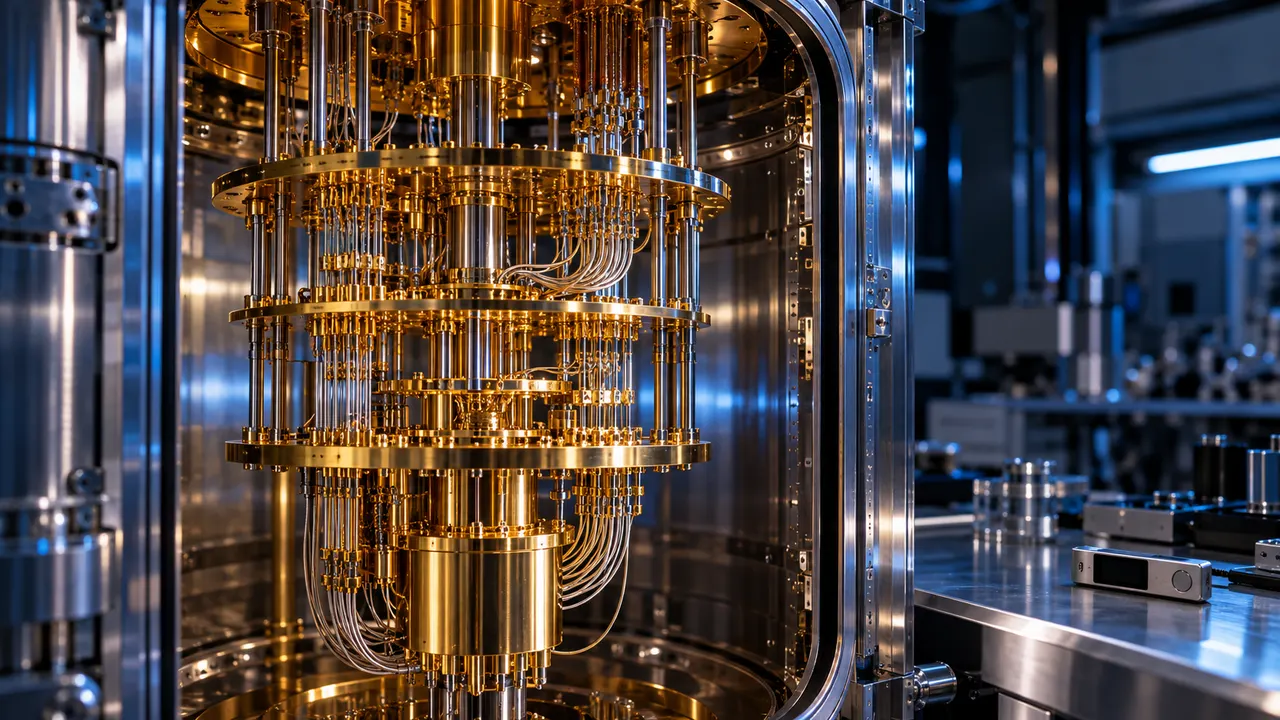 Computador quântico dourado suspenso em cilindro criogênico dentro de laboratório escuro