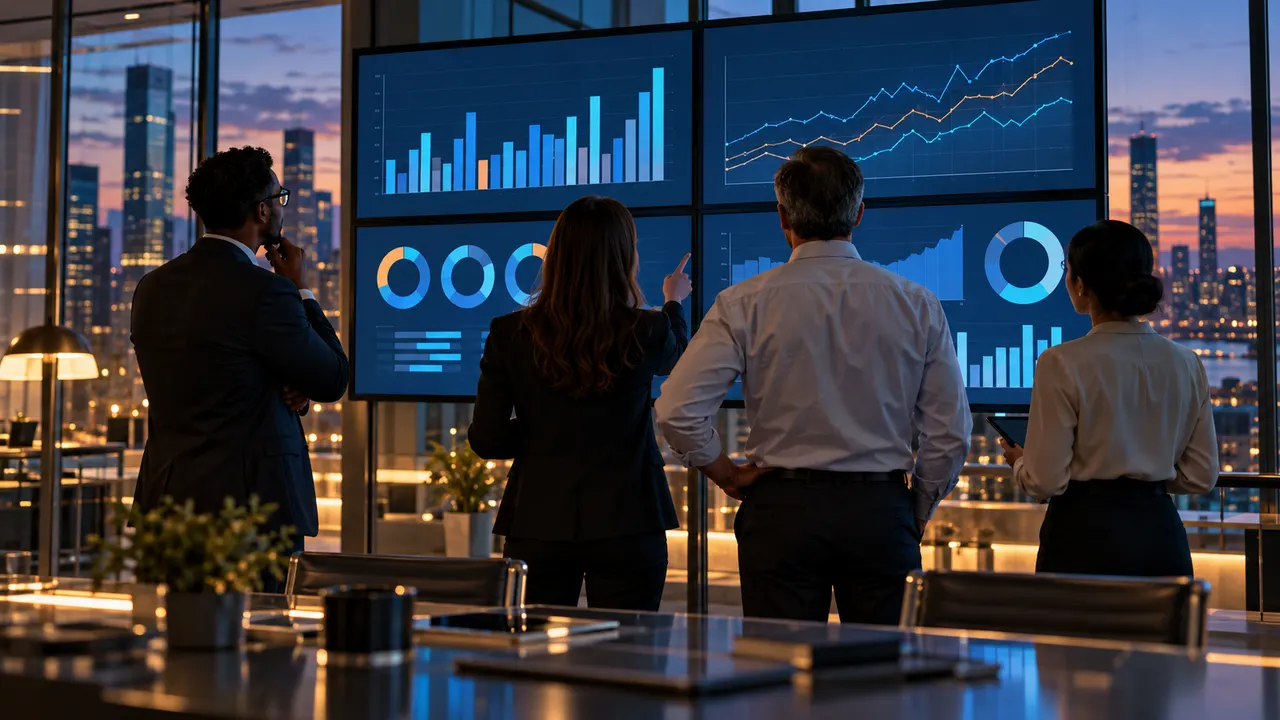 Equipe financeira analisando painéis de gastos em escritório moderno