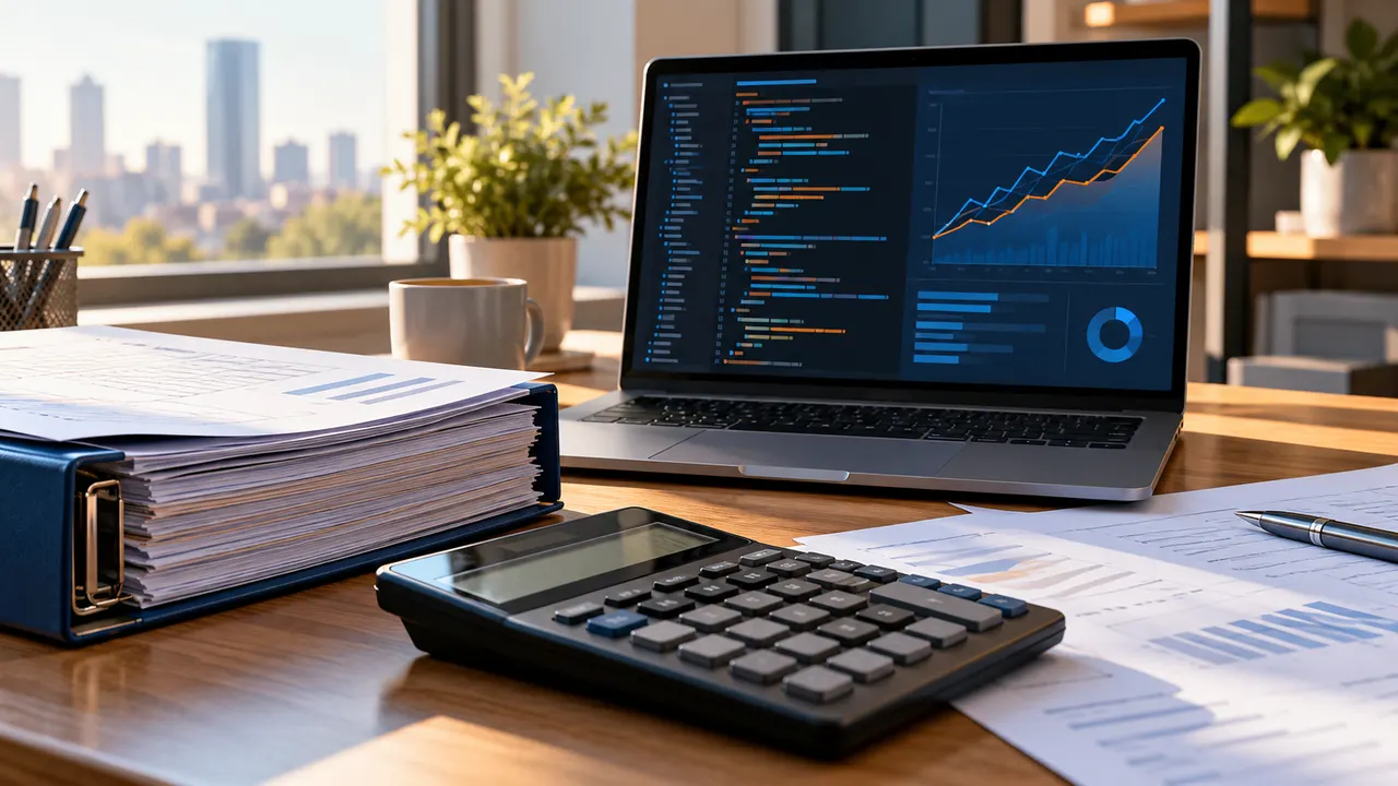Mesa de escritório com calculadora, pasta de documentos fiscais e notebook aberto com código e gráfico de métricas