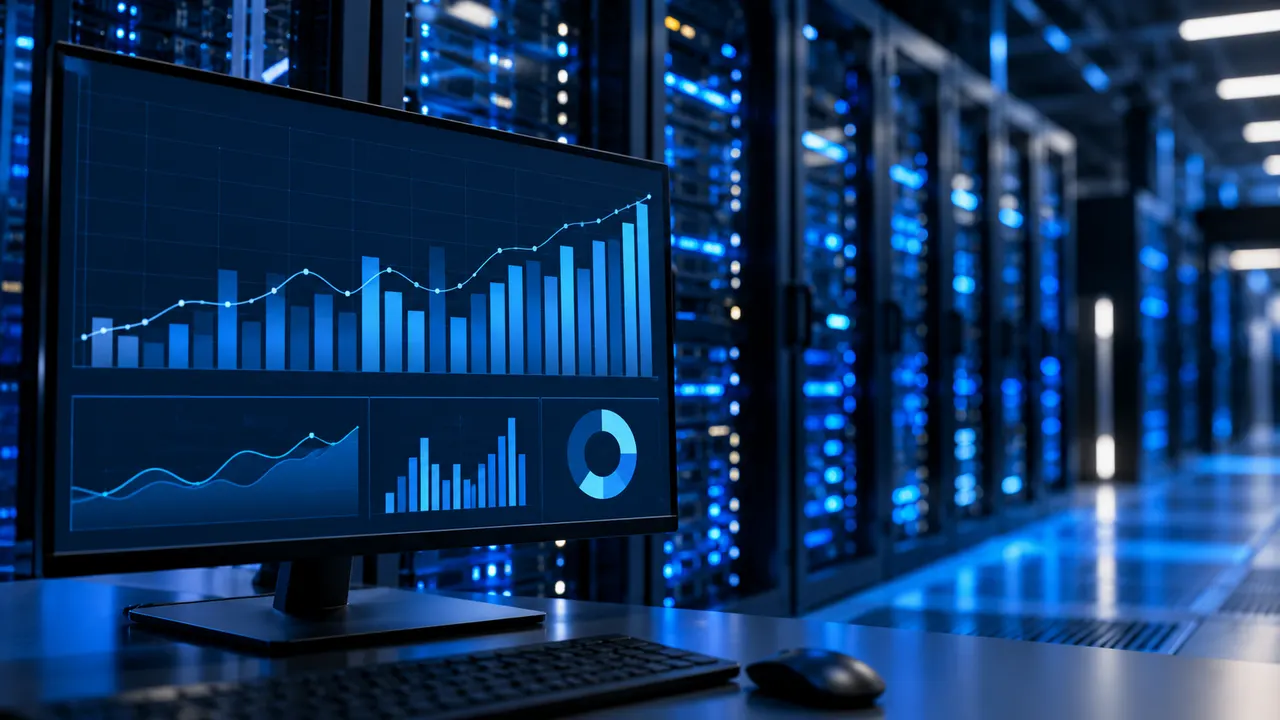 Rack de servidores em data center com luzes azuis e um monitor exibindo gráficos
