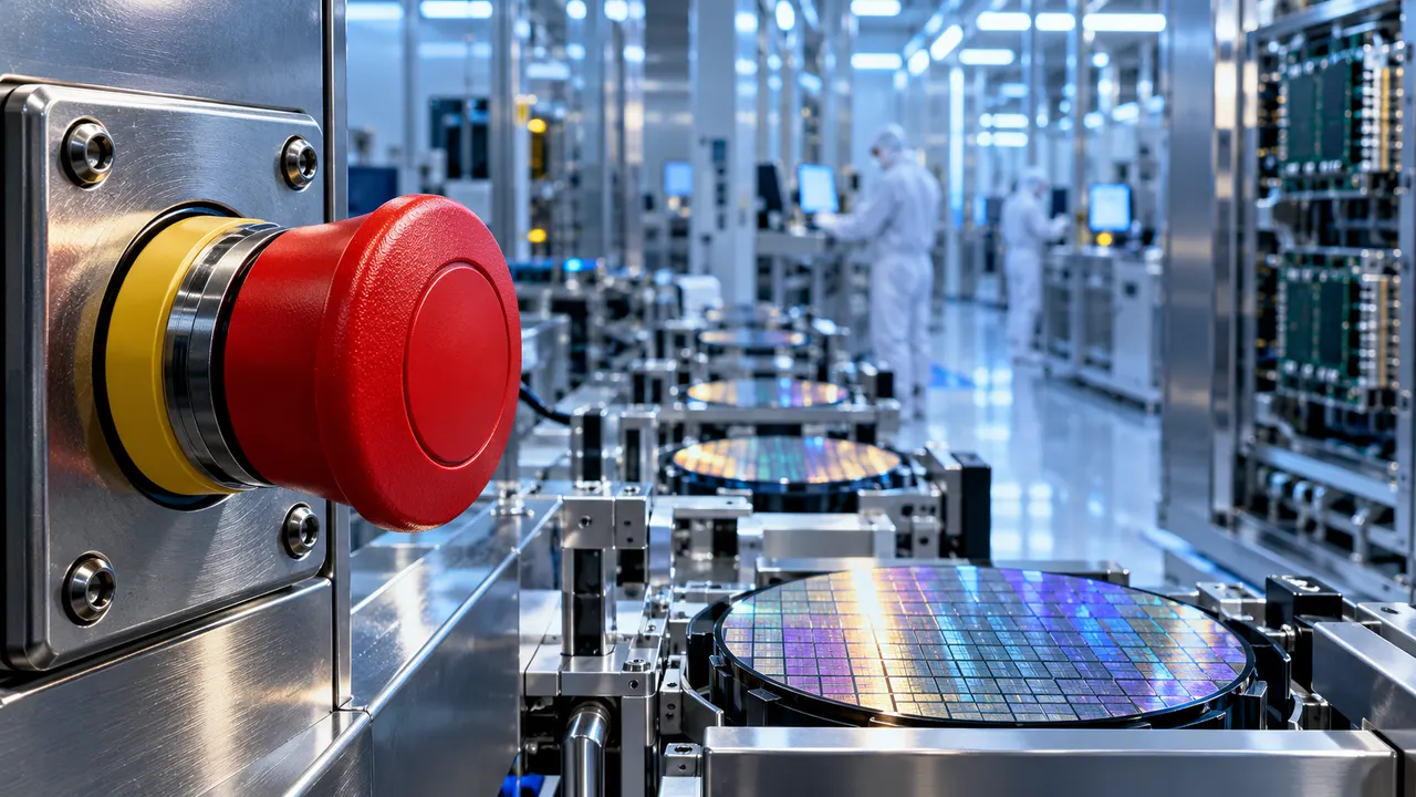 Fileira de chips e placas de servidor em fábrica de semicondutores com interruptor vermelho em primeiro plano