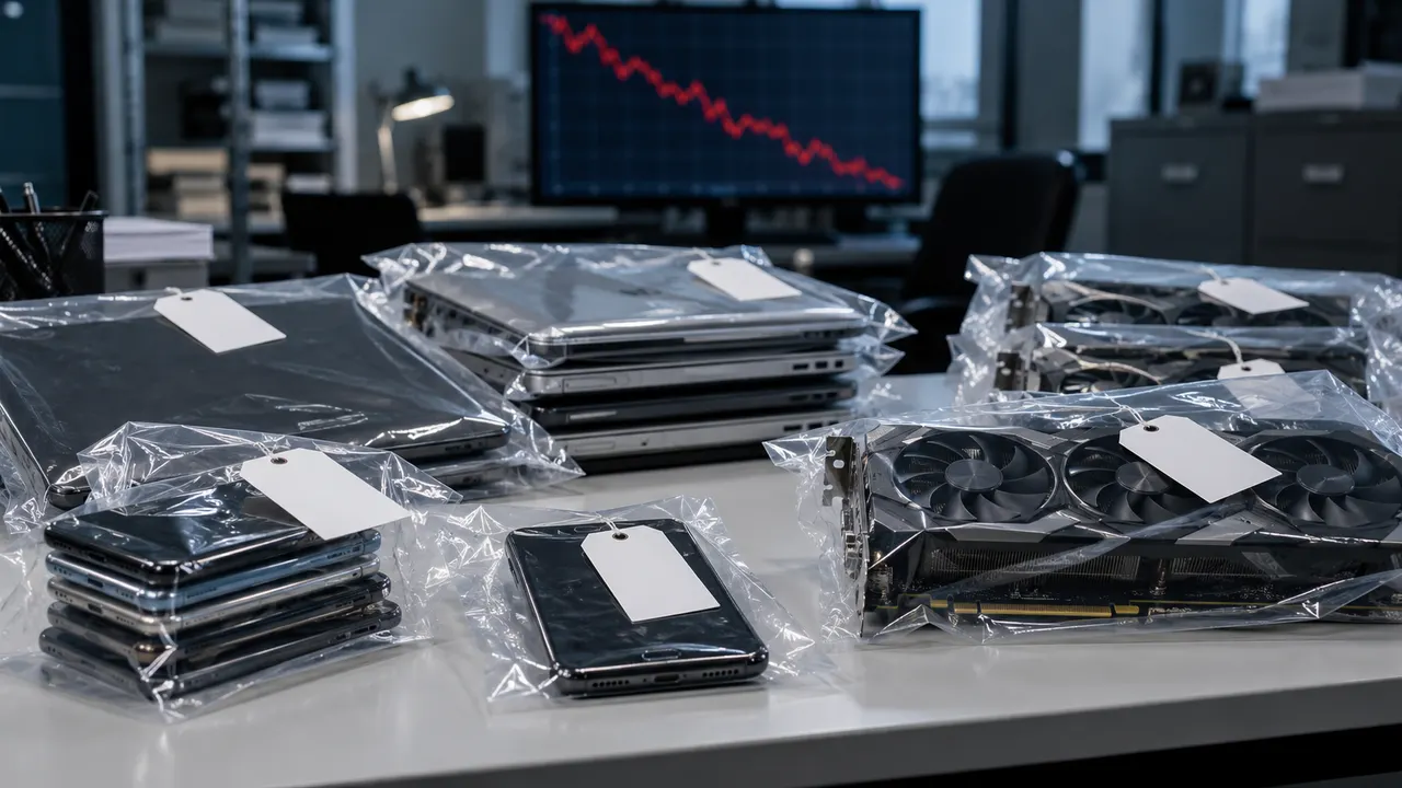 Celulares, notebooks e placas de vídeo apreendidos sobre mesa de delegacia, com gráfico de preço em queda ao fundo