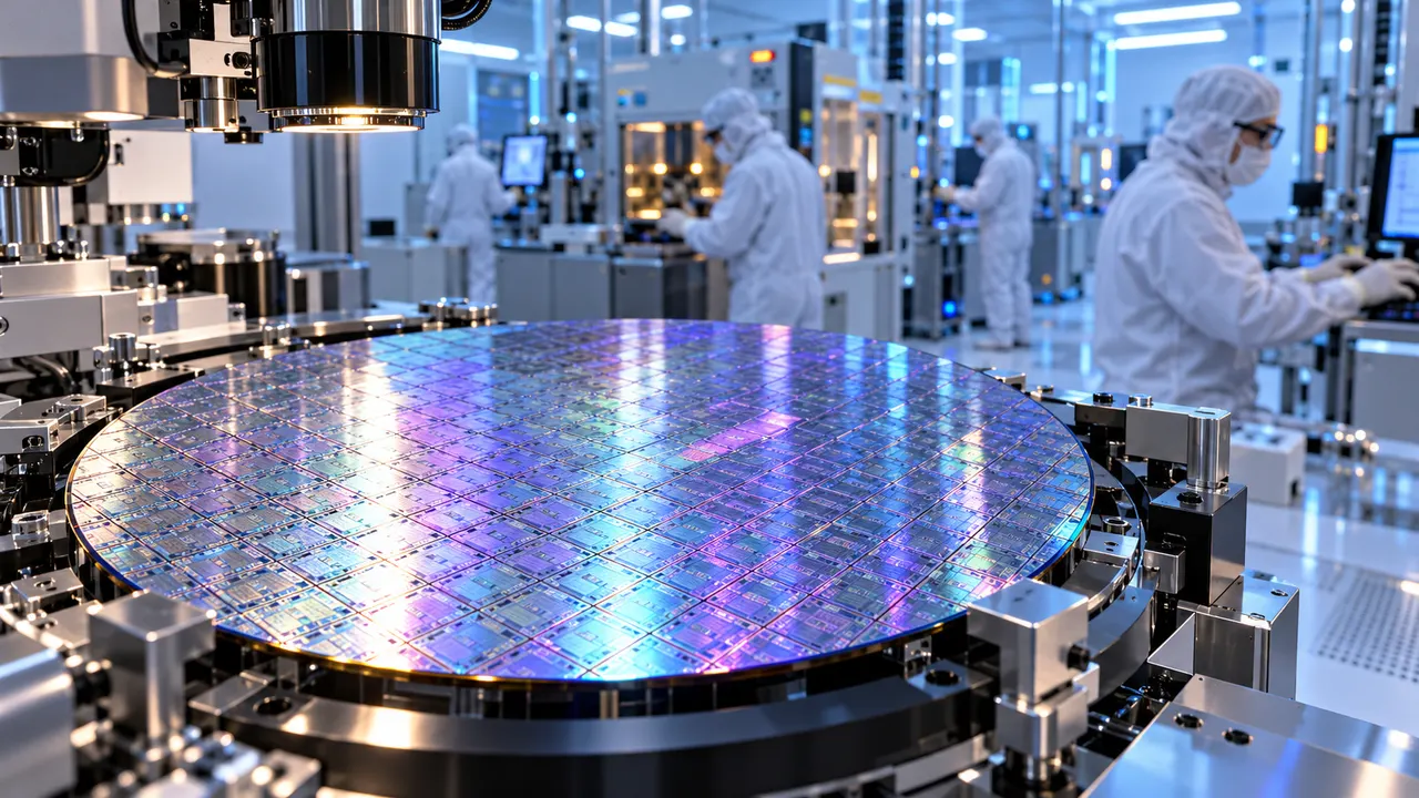 Wafer de silício brilhando em uma sala limpa de fábrica de semicondutores