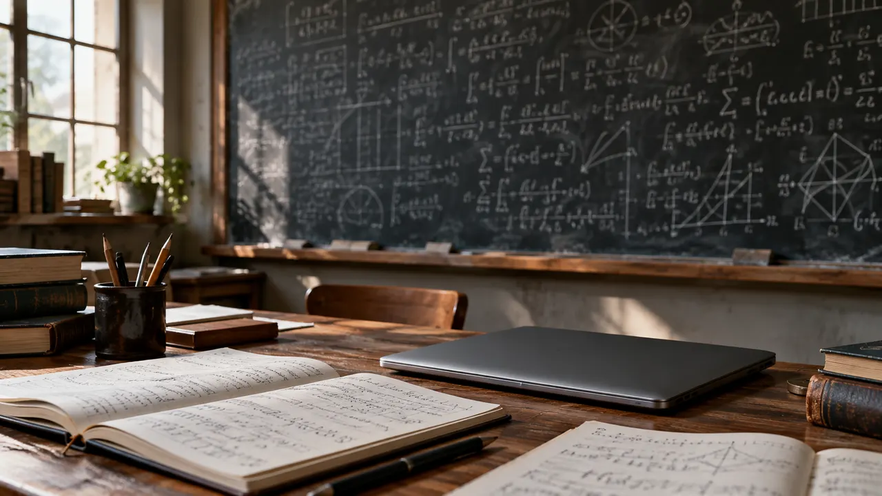 Quadro-negro universitário coberto de equações manuscritas em giz branco, com cadernos de cálculo e um laptop fechado sobre a mesa