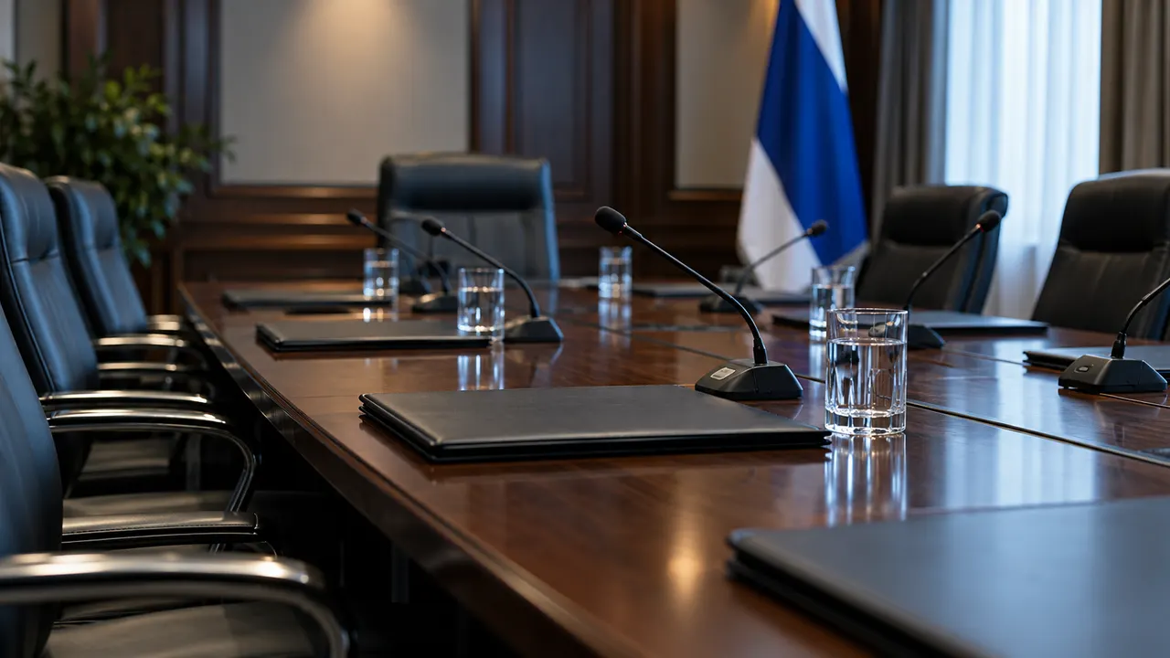 Mesa de reunião institucional com pastas de documentos e microfones