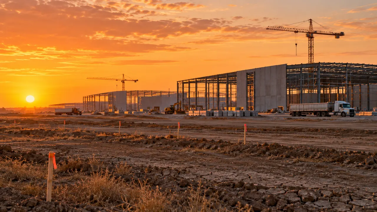 Terreno plano no Texas ao amanhecer com estacas de demarcação e guindastes de construção ao fundo
