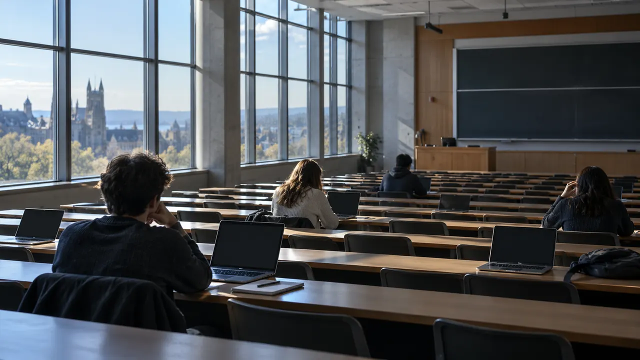 Sala de aula universitária semivazia com notebooks abertos sobre as mesas