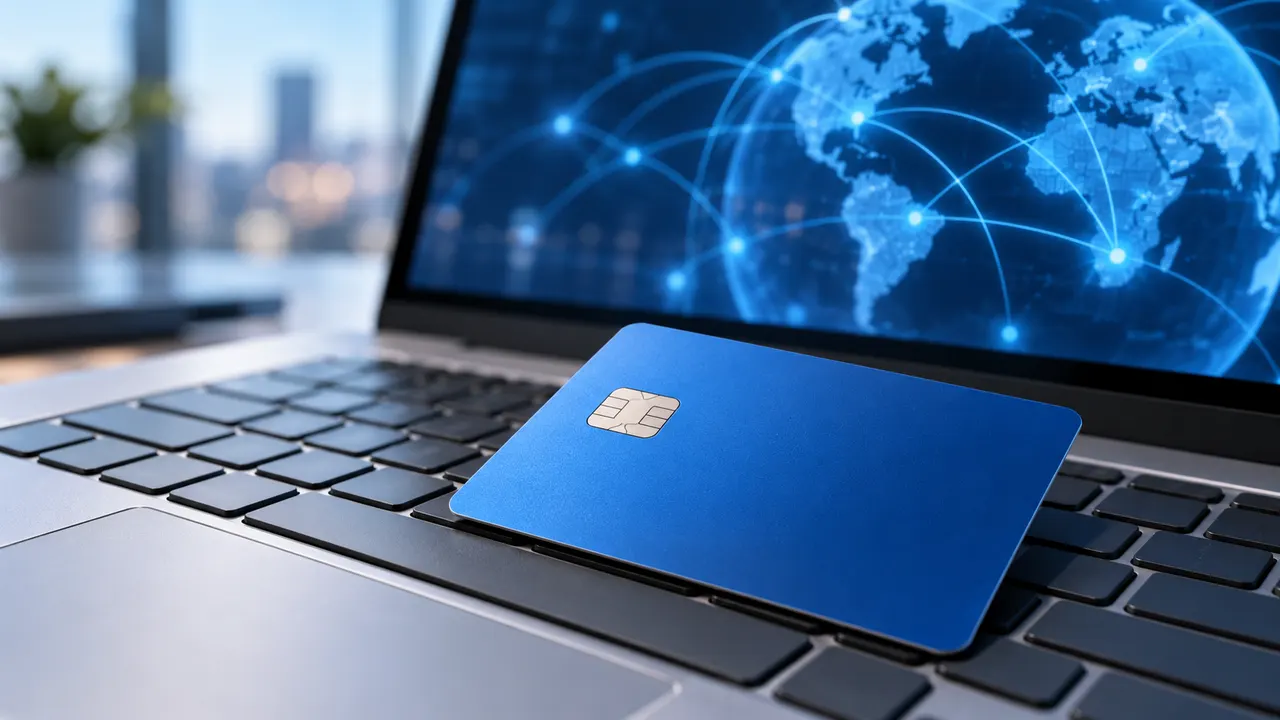 Cartão de pagamento azul sobre teclado de notebook com gráficos de fluxo de pagamentos internacionais ao fundo