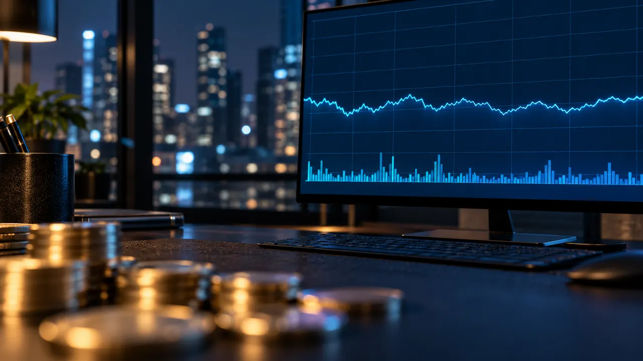 Tela de monitor financeiro com gráfico lateralizado e moedas metálicas desfocadas sobre mesa escura